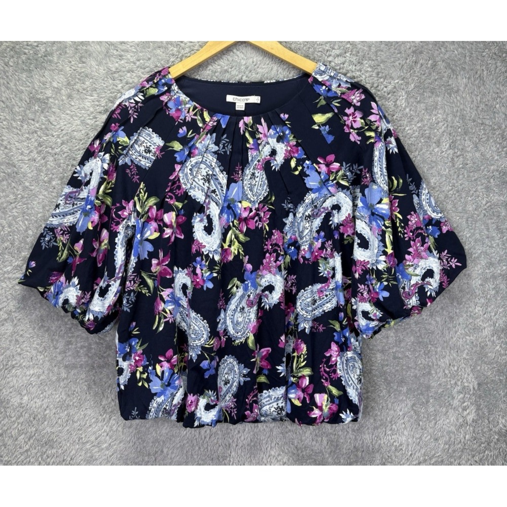 Chico's Womens Size 2 Large Paisley Floral Bubble Hem Top Blue Cotton NEW Tags